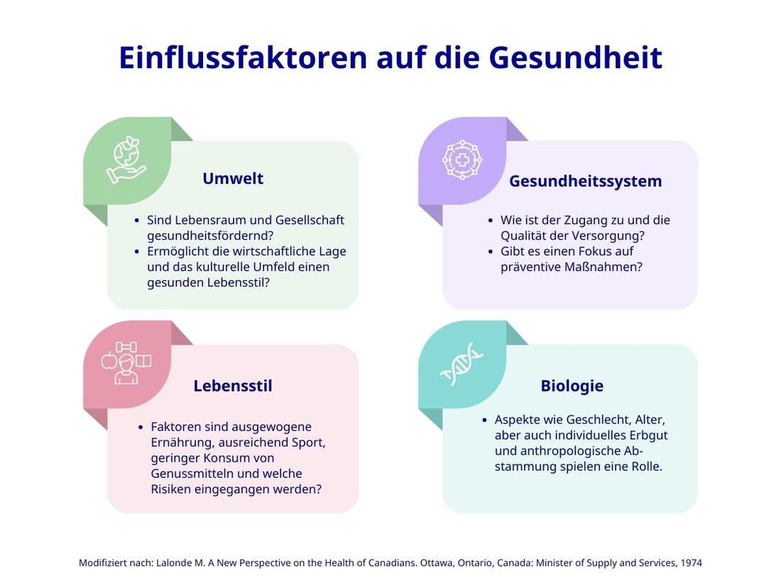 Prävention und die 4 Einflussfaktoren auf die Gesundheit: Umwelt, Gesundheitssystem, Lebensstil, Biologie